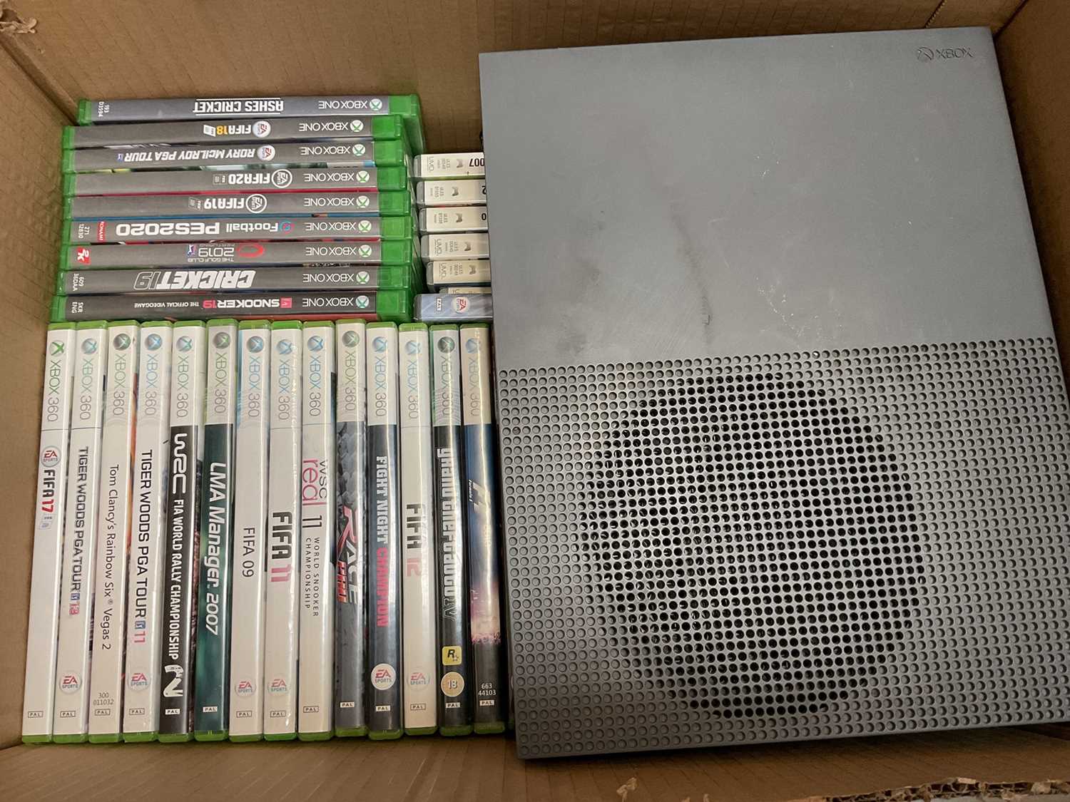Lot 323 - Xbox One S console, Xbox One and Xbox 360 games, together with other games, DVDs, CDs etc (4 boxes)