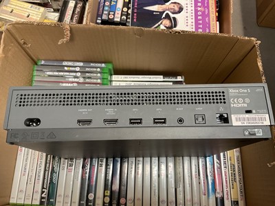 Lot 323 - Xbox One S console, Xbox One and Xbox 360 games, together with other games, DVDs, CDs etc (4 boxes)