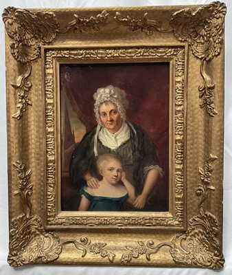 Lot 1324 - English School, 19th century, oil on tin panel - portrait of a mother and child, a church beyond, 24cm x 17.5cm, in gilt frame