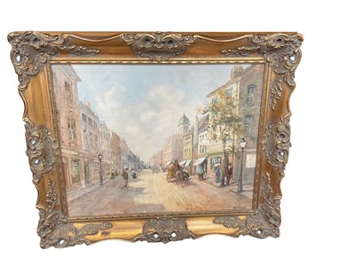 Lot 600 - M J Rendell, pair of oil on board street scenes in gilt frames