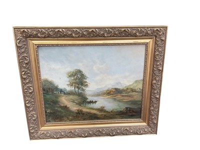 Lot 619 - Oil on panel, a boat on a lake.