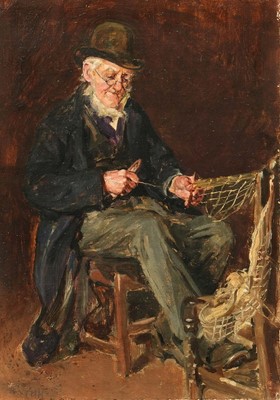 Lot 233 - Thomas Halstead Heath (act.c.1901-c.1910) oil on canvas - Mending the Nets, initialled, 36cm x 25.5cm