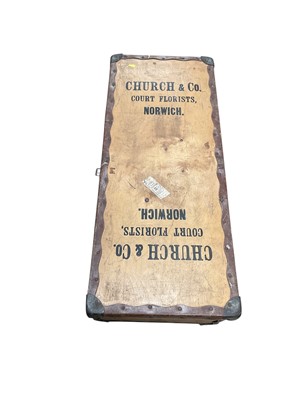 Lot 2455 - Tin trunk containing sundry collectables, including antique first aid box, tin saucepans, etc, together with an antique wooden trunk with contents