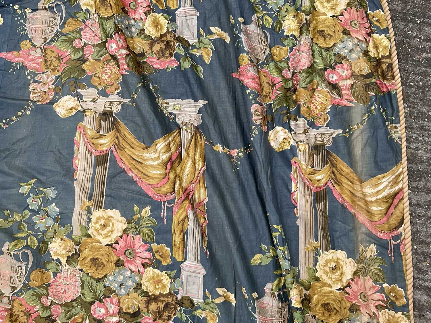 Lot 2128 - Pair of Victorian heavy glazed chintz curtains with pelmet