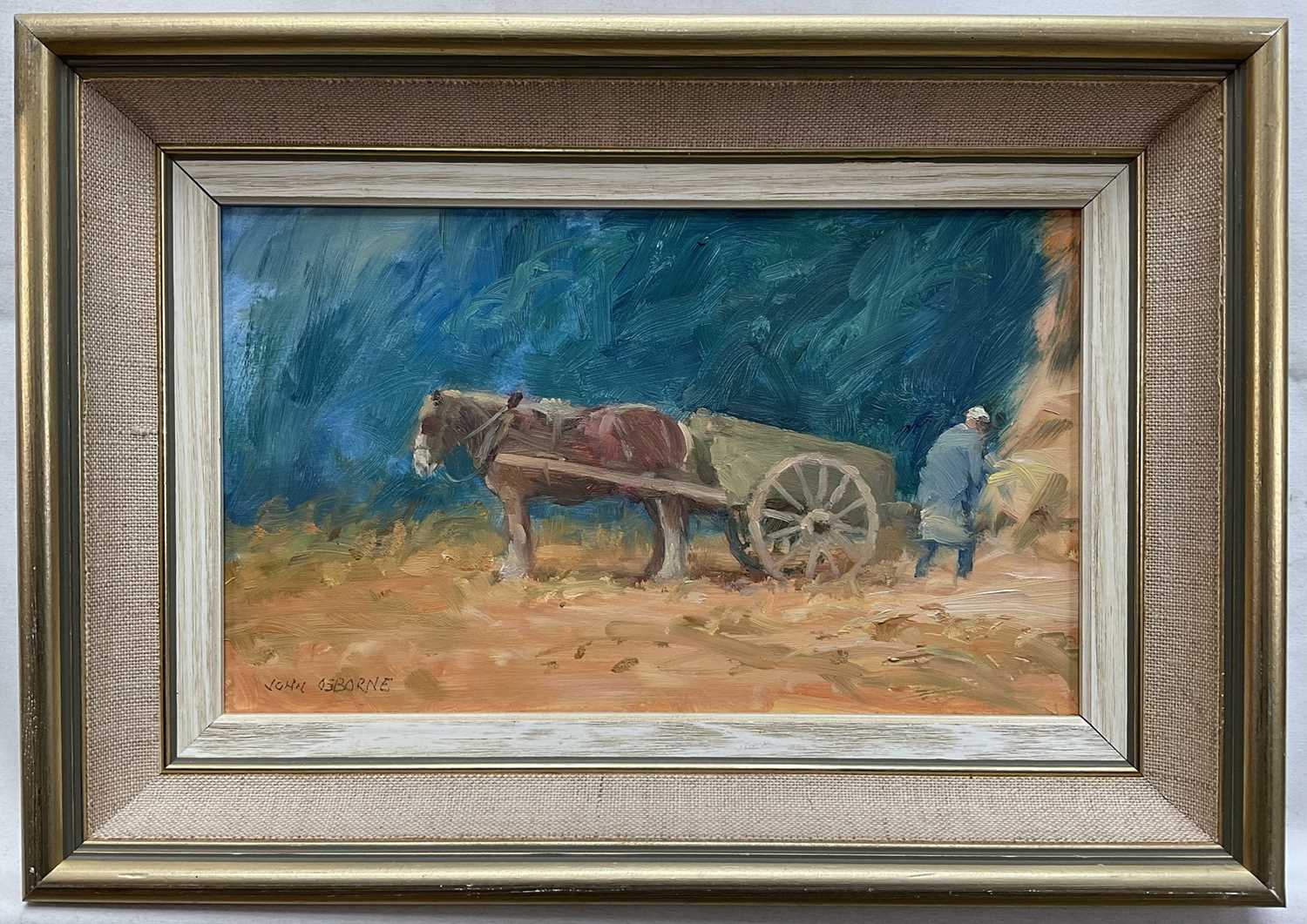Lot 6 - John Osborne (b. 1939) oil on board - The Wagon, signed, 14cm x 24cm, framed
