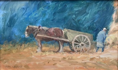 Lot 6 - John Osborne (b. 1939) oil on board - The Wagon, signed, 14cm x 24cm, framed