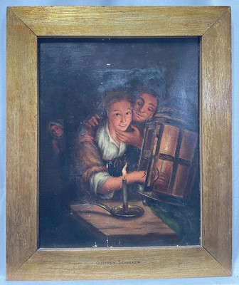 Lot 1330 - Manner of Godfried Van Schalcken (1643-1706) oil on panel - Lovers by Lantern-Light, 19th century label verso, 27.5cm x 21.5cm, in gilt frame