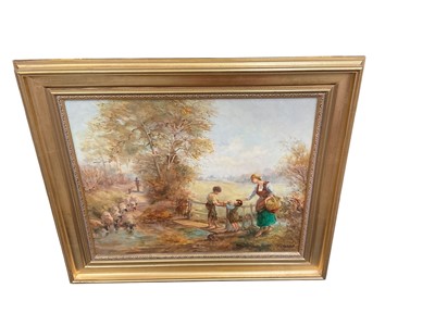 Lot 602 - M J Rendell oil on board, figures in a landscape, in gilt fame