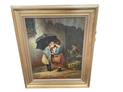 Lot 605 - Webber oil on board girls with an umbrella, 50cm x 39cm, in gilt frame