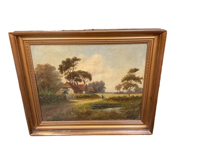 Lot 606 - Oil on canvas figures by a cottage landscape, 50cm x 40cm, in gilt frame