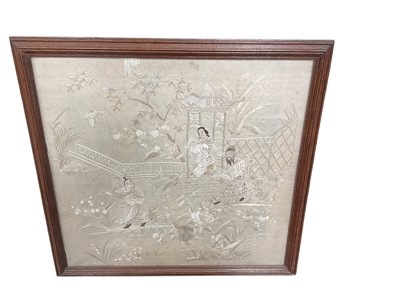 Lot 598 - Chinese embroidered silk work panel depicting figures in an interior scene, in glazed frame, 56cm x 53cm overall