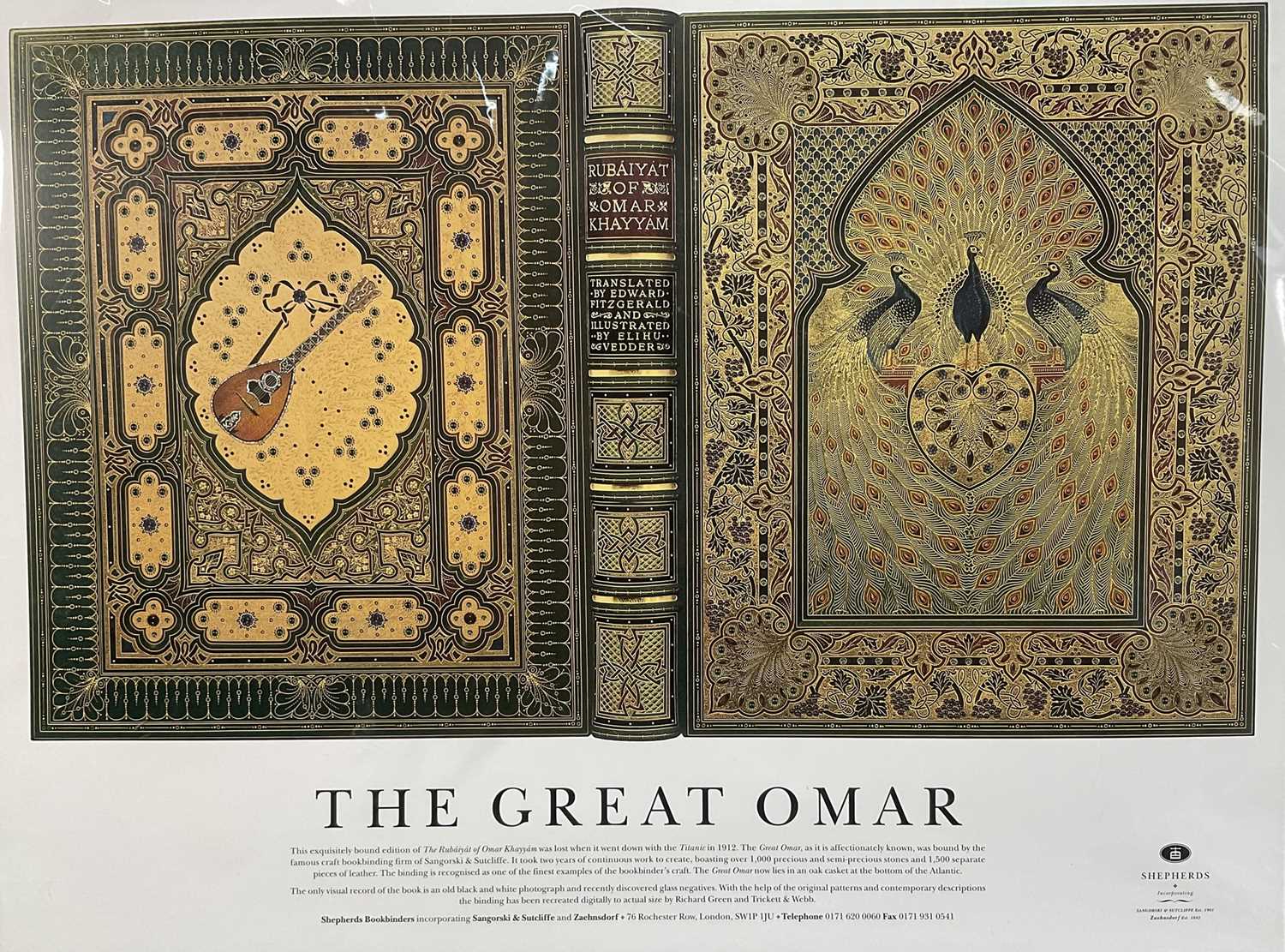 Lot 108 - The Great Omar - Rubaiyat of Omar Khayyam - print of the binding recreated by Richard Green and Trickett & Webb, 54cm x 72cm, with mount, unframed