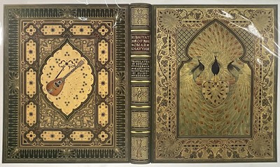 Lot 108 - The Great Omar - Rubaiyat of Omar Khayyam - print of the binding recreated by Richard Green and Trickett & Webb, 54cm x 72cm, with mount, unframed