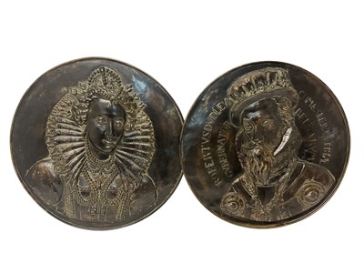 Lot 1030 - Pair 19th century embossed brass plaques of Tudors: Robert Dudley and Mary Queen of Scots