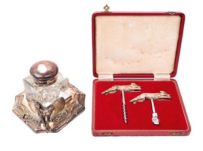 Lot 501 - Silver plated hunting themed inkwell, together with similar bottle opener and corkscrew