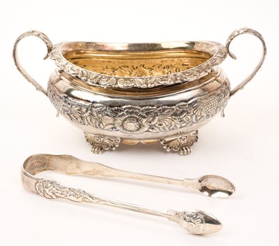Lot 502 - Georgian silver sugar bowl and a pair of William IV pattern sugar tongs.