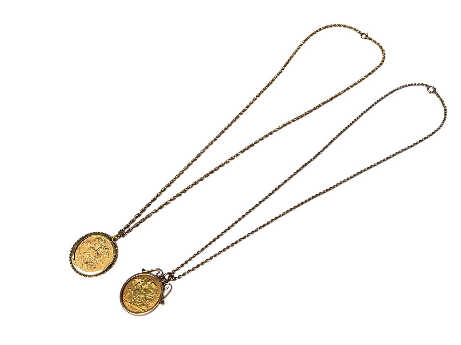 Lot 72 - Two gold half sovereigns, 1907 and 1908, in gold pendant mounts on 9ct gold chains