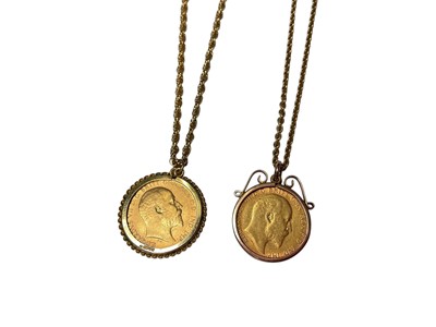 Lot 72 - Two gold half sovereigns, 1907 and 1908, in gold pendant mounts on 9ct gold chains