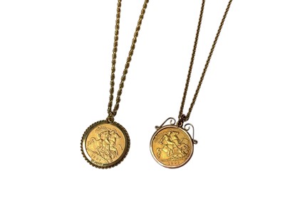 Lot 72 - Two gold half sovereigns, 1907 and 1908, in gold pendant mounts on 9ct gold chains
