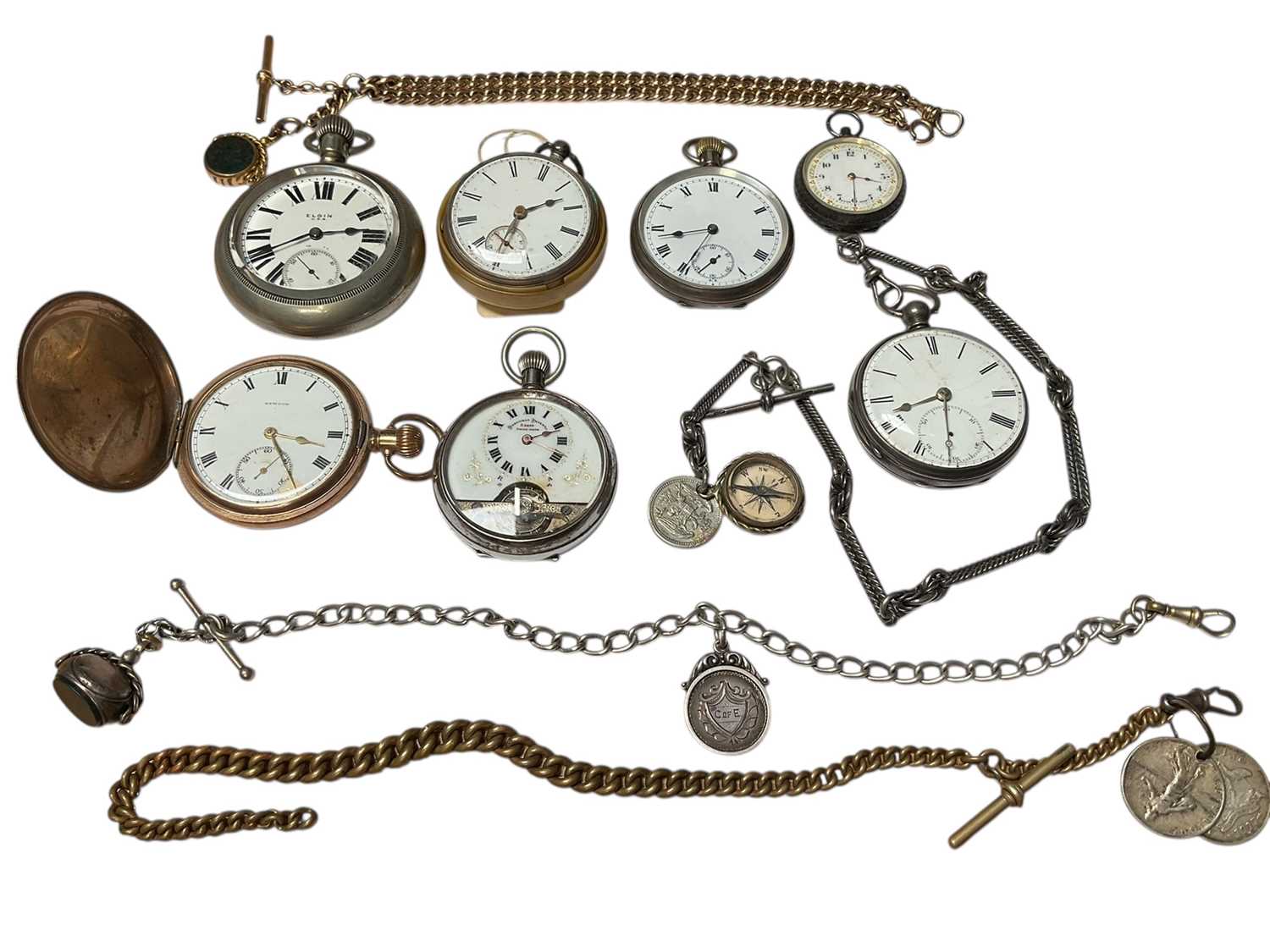 Lot 79 - Collection of seven antique pocket watches to include four silver cased, gold plated full hunter and two others, together with two silver watch chains with fobs