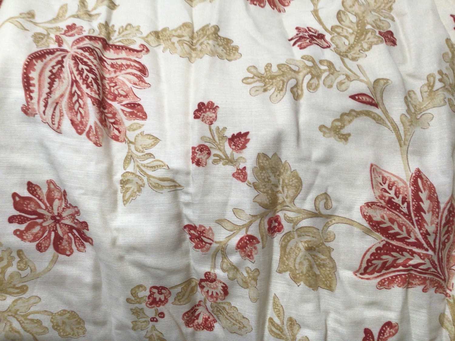 Lot 2073 - Two pairs of interlined curtains 'Madrigal Red' by Parkertex. Pinch pleat headings. One pair 170cms measured flat across the heading x 200cms length. Second pair 110cms across the heading x...