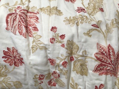 Lot 2073 - Two pairs of interlined curtains 'Madrigal Red' by Parkertex. Pinch pleat headings. One pair 170cms measured flat across the heading x 200cms length. Second pair 110cms across the heading x...