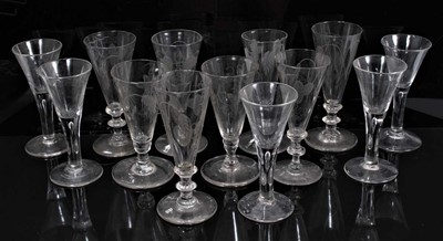 Lot 223 - A group of Georgian wine glasses, including eight etched with hops and barley, and five with tear drop stems (13)