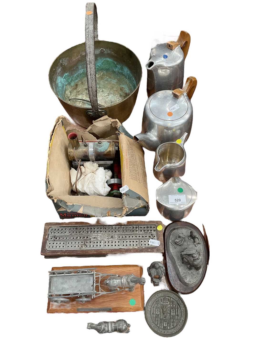 Lot 520 - Mamod stationary engine, piquot ware tea set, brass preserve pan and sundries