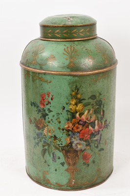 Lot 985 - 19th century tin tea canister, later hand painted in green, and with flowers