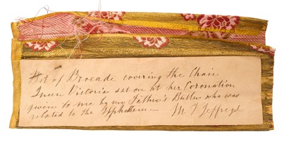 Lot 17 - The Coronation of H.M. Queen Victoria, very fine piece of gold bullion and silk embroidered brocade decorated with flowers with attached 19th century label ' Bit of brocade covering the chair Que...