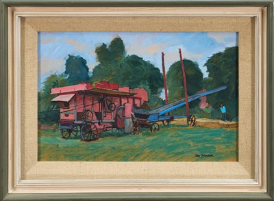 Lot 960 - *Charles Debenham (b.1933) oil on board - Threshing Machine, signed, 22cm x 34cm, in painted frame