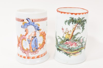 Lot 5 - Two late 18th century opaque milk glass tankards decorated with enamels Bohemian and French