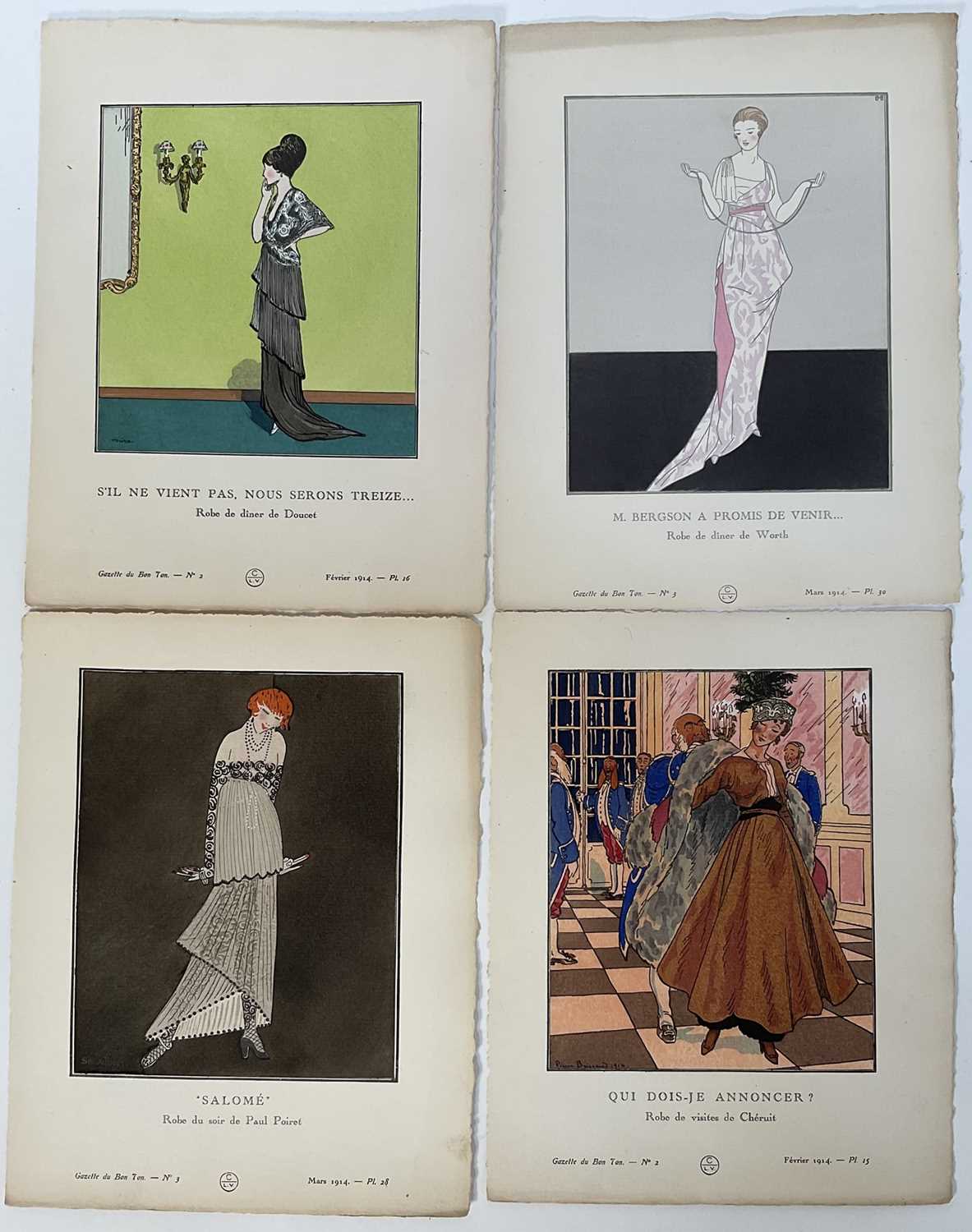 Lot 45 - Gazette du Bon Ton, four pochoir prints 1914 by Lucien Vogel, Simone Puget, Pierre Brissaud and Jacques Dresa, paper size 25cm x 19cm