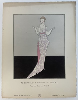 Lot 45 - Gazette du Bon Ton, four pochoir prints 1914 by Lucien Vogel, Simone Puget, Pierre Brissaud and Jacques Dresa, paper size 25cm x 19cm