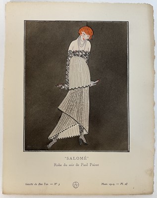 Lot 45 - Gazette du Bon Ton, four pochoir prints 1914 by Lucien Vogel, Simone Puget, Pierre Brissaud and Jacques Dresa, paper size 25cm x 19cm