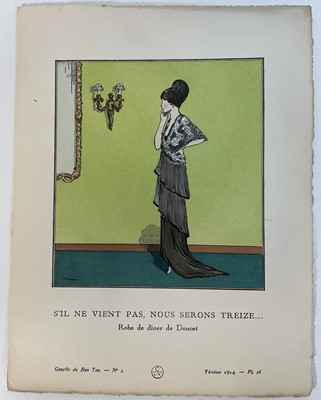 Lot 45 - Gazette du Bon Ton, four pochoir prints 1914 by Lucien Vogel, Simone Puget, Pierre Brissaud and Jacques Dresa, paper size 25cm x 19cm