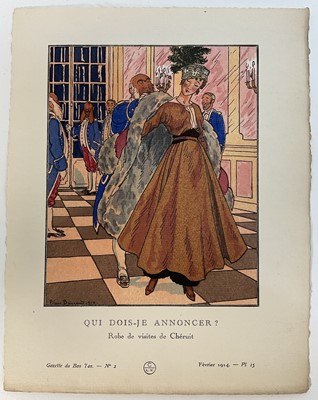 Lot 45 - Gazette du Bon Ton, four pochoir prints 1914 by Lucien Vogel, Simone Puget, Pierre Brissaud and Jacques Dresa, paper size 25cm x 19cm