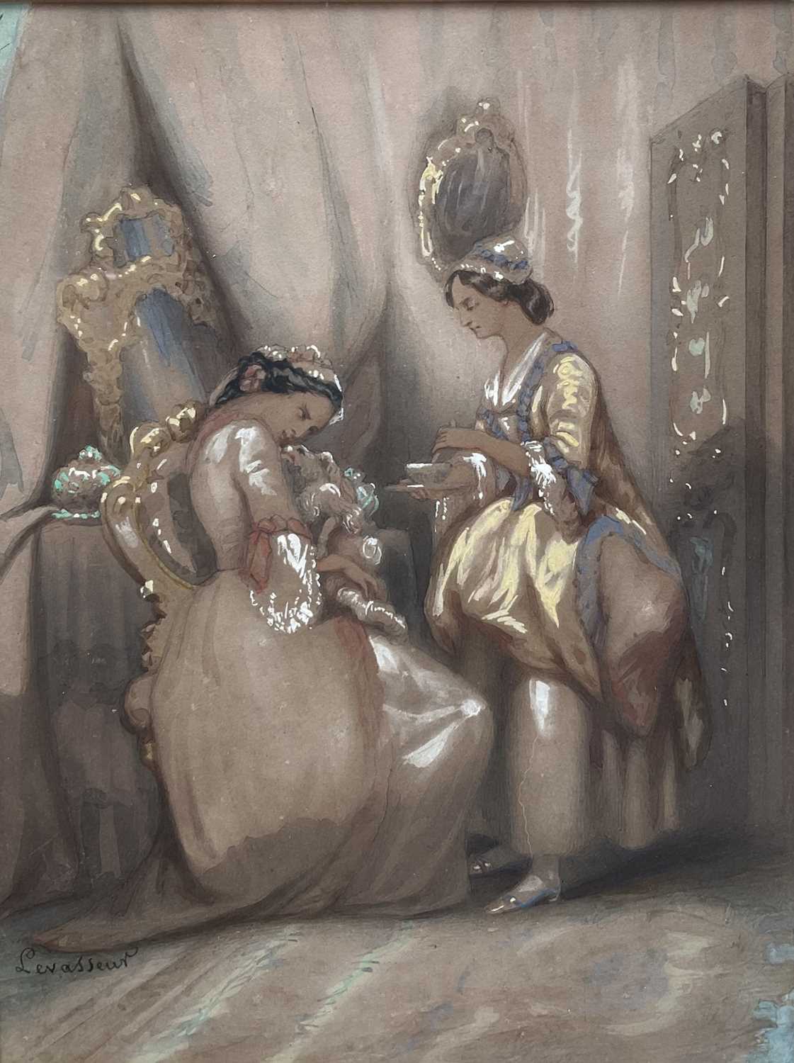 Lot 37 - French 19th century watercolour (Levasseur?) - Two ladies, signed bottom left, 26cm x 19.5cm, glazed frame