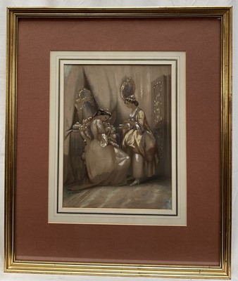 Lot 37 - French 19th century watercolour (Levasseur?) - Two ladies, signed bottom left, 26cm x 19.5cm, glazed frame