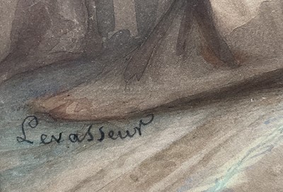 Lot 37 - French 19th century watercolour (Levasseur?) - Two ladies, signed bottom left, 26cm x 19.5cm, glazed frame