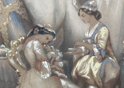 Lot 37 - French 19th century watercolour (Levasseur?) - Two ladies, signed bottom left, 26cm x 19.5cm, glazed frame