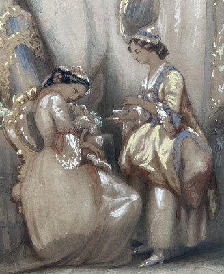 Lot 37 - French 19th century watercolour (Levasseur?) - Two ladies, signed bottom left, 26cm x 19.5cm, glazed frame