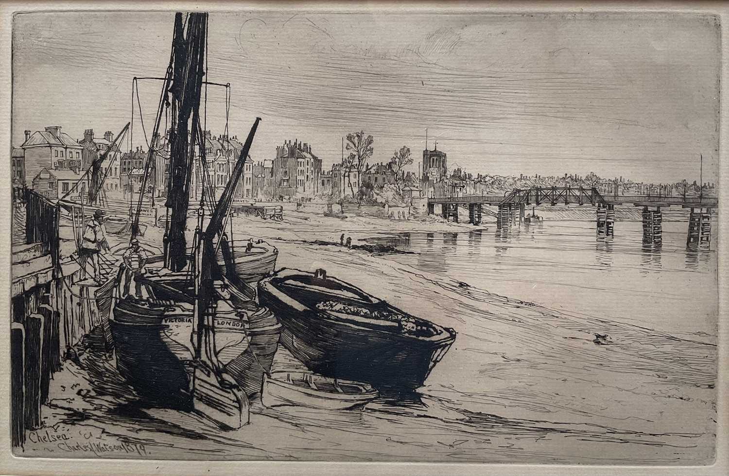 Lot 33 - Charles J Watson (1846-1927) - 1879 etching Chelsea, 18cm x 27cm, glazed frame
