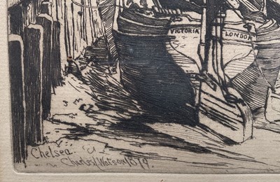 Lot 33 - Charles J Watson (1846-1927) - 1879 etching Chelsea, 18cm x 27cm, glazed frame