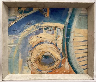 Lot 32 - 20th century abstract oil on board, probably 1960's, 37cm x 44cm, framed