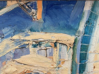 Lot 32 - 20th century abstract oil on board, probably 1960's, 37cm x 44cm, framed