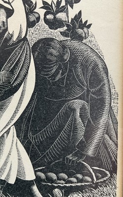Lot 48 - Clare Leighton (1898-1989) wood engraving - Apple gathering, from Four Hedges 1935, 18cm x 12.5cm, glazed frame