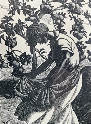 Lot 48 - Clare Leighton (1898-1989) wood engraving - Apple gathering, from Four Hedges 1935, 18cm x 12.5cm, glazed frame