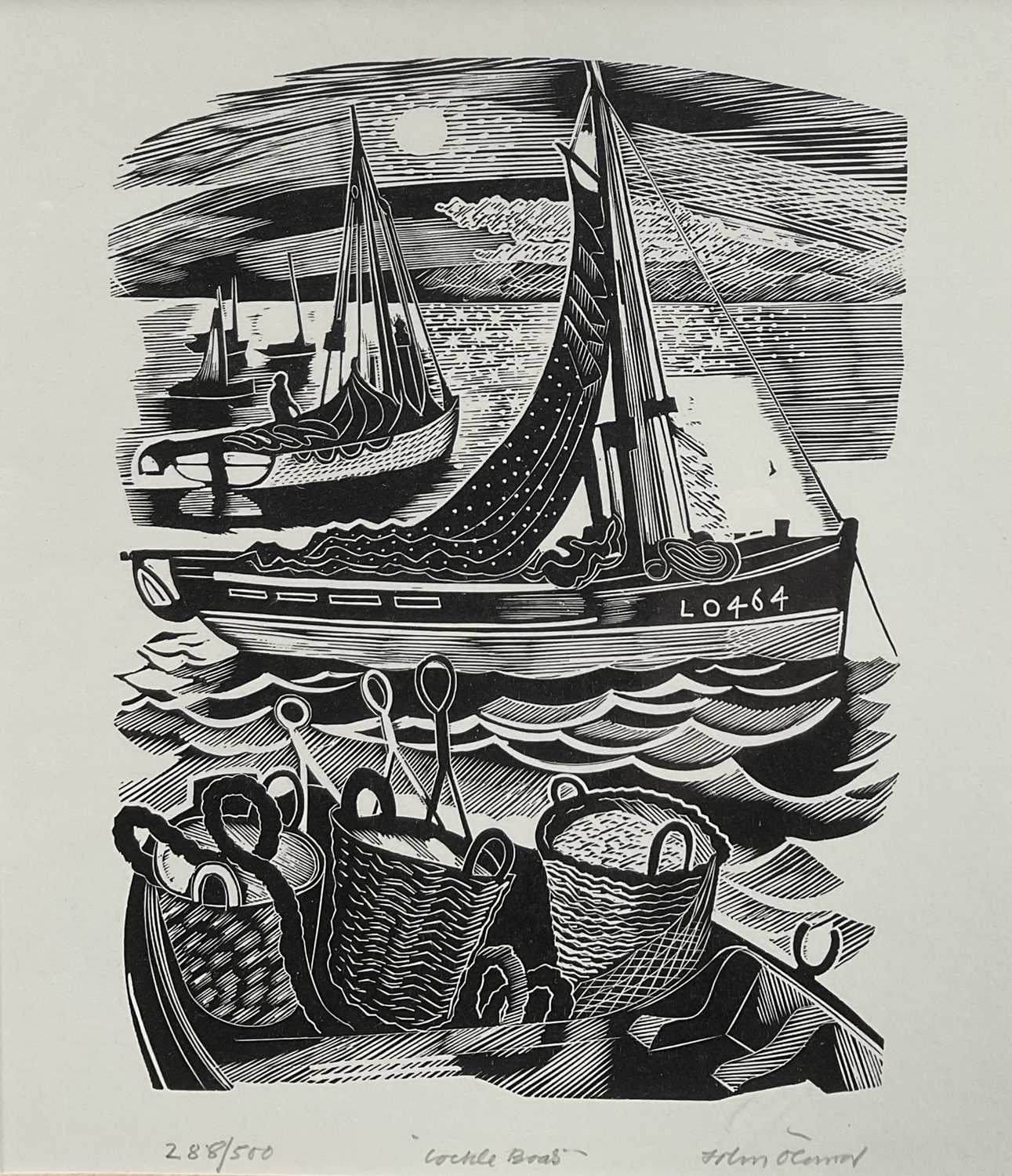 Lot 46 - John Scorror O'Connor (1913-2004) woodcut, Cockle boats, signed, 288/500, 19cm x 16cm, glazed frame