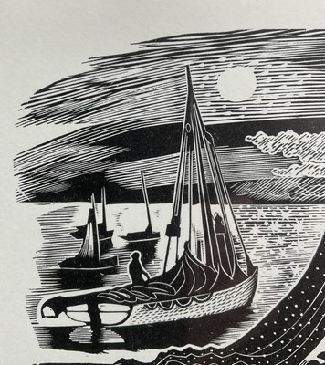 Lot 46 - John Scorror O'Connor (1913-2004) woodcut, Cockle boats, signed, 288/500, 19cm x 16cm, glazed frame